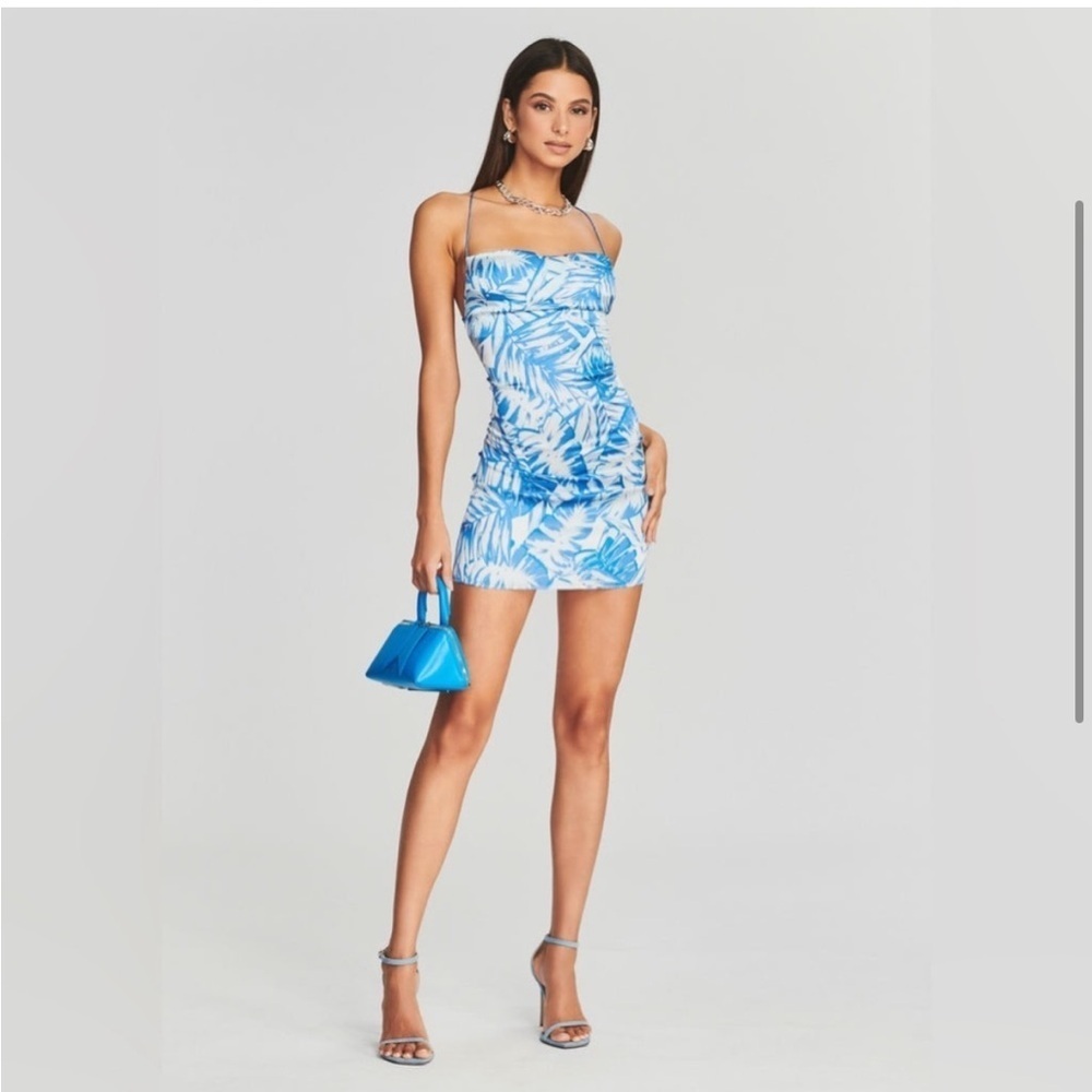SER.O.YA Iggy Silk Blue Palm Pattern Mini Strappy Dress New with tags Large